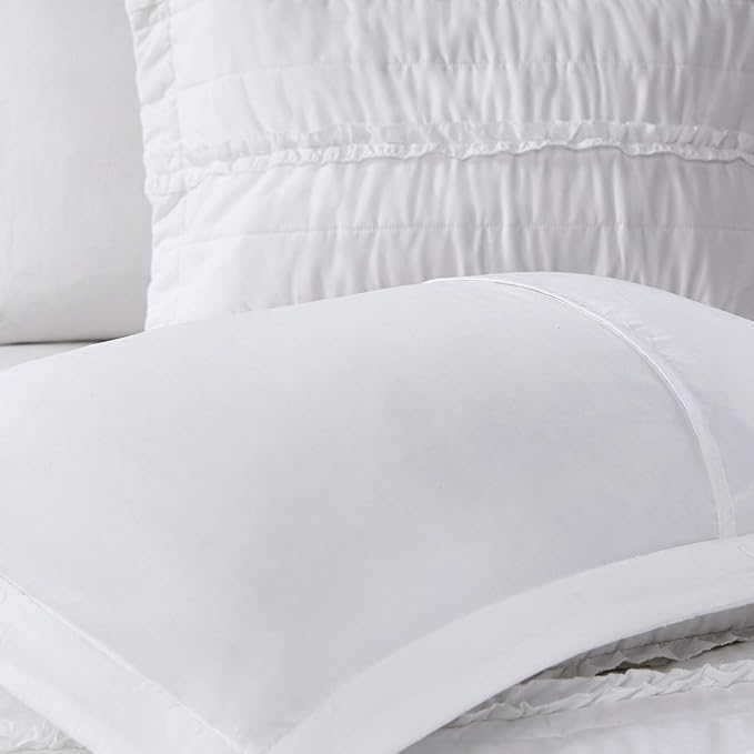 Madison Park Celeste Quilt Modern Classic Design All Season, Breathable Coverlet Lightweight Bedding Set, Matching Shams, Decorative Pillow, Full/Queen(90"x90"), Ruffle White 4 Piece