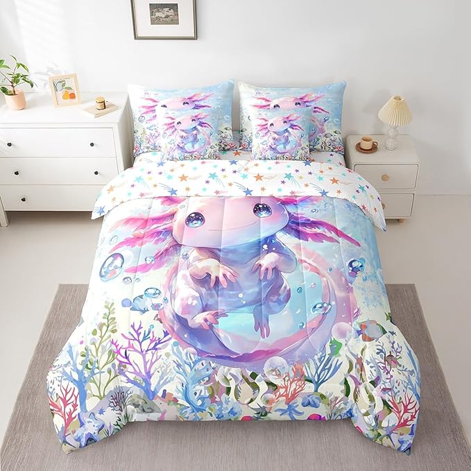 Feelyou Boys Girls Cute Axolotl Comforter Set with Sheets King Size, Ocean Sealife 7 Pieces Bedding Sets Kids Kawaii Bed in A Bag Cartoon Salamander Bed Set