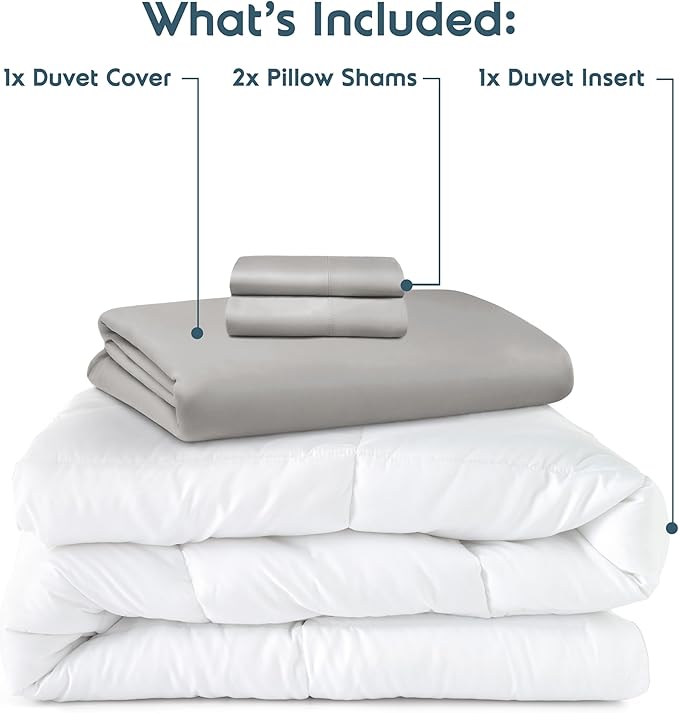 Nestl Full Duvet Cover Set with Comforter Insert - Light Grey 4 Piece 80x90 Duvet Cover & 2 Pillow Shams with White Quilted Down Alternative Comforter, Ultra Soft, All Season