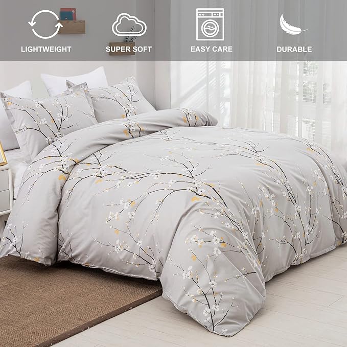 WONGS BEDDING Light Grey Floral Duvet Cover Set King, Flower Plum Blossom Prnited Bedding Set with 2 Pillowcase,3 Pcs Lightweight Comforter Cover with Zipper Closure for Kids 90"x103"(Not Comforter)