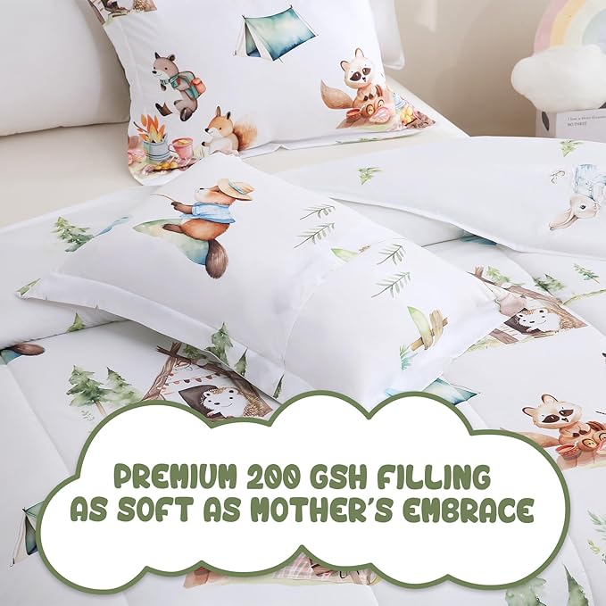 Yibeizi Camper Themed Comforter Set Full Size, Kids Woodland Animals Printed Bedding Set with Pillow Sham, Cute Lightweight Soft Breathable Machine Washable Quilted Bed Comforter Set 3 Piece