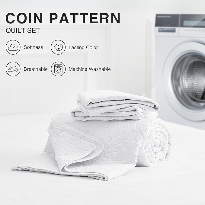 Love's cabin King Size Quilt Set White Bedspreads - Soft Bed Summer Lightweight Bedspread Comforter - Modern Style Coin Pattern Coverlet for All Season - 3 Pieces (1 Quilt, 2 Pillow Shams)