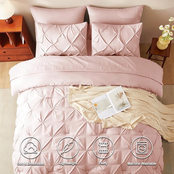 CozyLux King Size Comforter Set Blush Pink, 7 Pieces Pintuck Bed in A Bag Pink Comforter King Size, Pinch Pleat Bedding Set with All Season Comforter, Sheets, Pillowcases & Shams