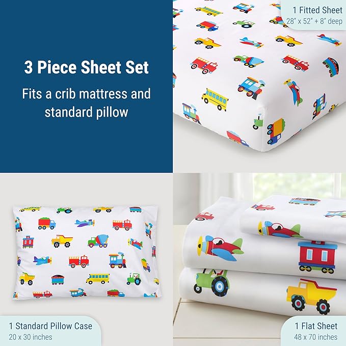 Wildkin 100% Cotton Toddler Sheet Set – Soft & Cozy Bed Sheets - Trains, Planes, and Trucks