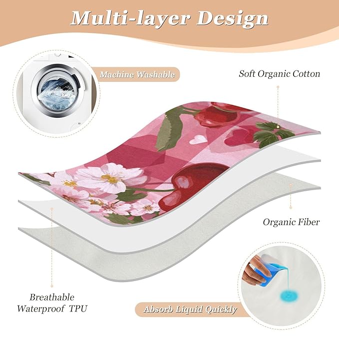 Waterproof Bed Pad Reusable Changing Pad Toddler Mattress Protector Large Pee Pad Baby Diaper Pad Soft Washable Liner Pink Red Checkered Floral Cherry Strawberry