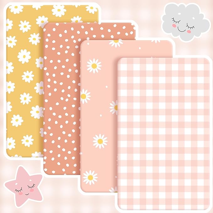 Peryiter 4 Pack Crib Sheets Girl Soft Baby Bed Sheet Set 52'' x 28" Nursery Crib Sheets for Standard Bed for Nursery Decor Baby Boys or Girls(Yellow,Daisy)