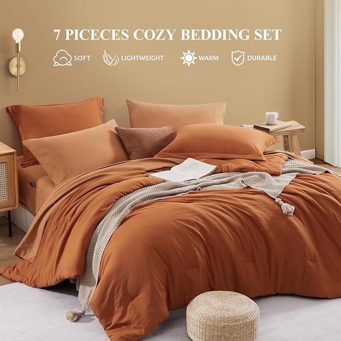 WRENSONGE Queen Comforter Set- 7 Pieces Soft Burnt Orange Bed in a Bag with Fitted Sheet, Flat Sheet, 2 Shams, and 2 Pillowcases-Warm Bed Sets Fall Comforter for All Seasons