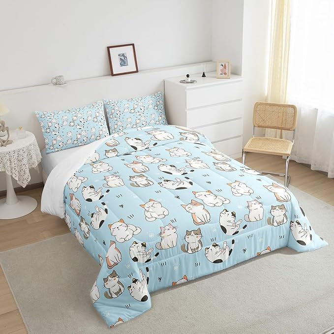 Erosebridal Cat Duvet Insert Queen, Kawaii Garfield Cat Bedding Set for Kids Boys Girls, Paw Print Love Heart Comforter Set, Cartoon Animals Soft Quilt 3 Pieces, Blue