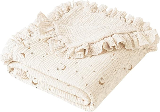 Konssy Flounce Muslin Baby Blankets, Cotton Crib Blanket for Baby Infant Toddler, Super Soft and Lightweight Nursery Blankets 40"x36" (Moon)