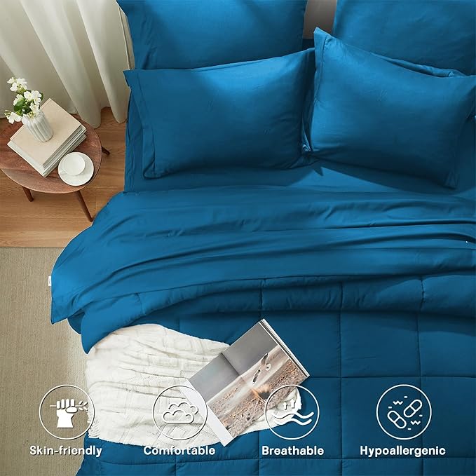 Anluoer Twin Comforter Set 5 Piece, Teal Bed in a Bag with Sheets, Comforters Twin Size Bedding Sets with 1 Comforter, 1 Pillow Shams, 1 Pillowcases, 1 Flat Sheet,1 Fitted Sheet