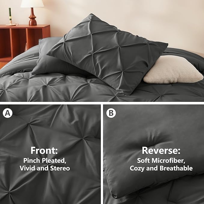 King Comforter Set Dark Grey, 7 Pieces Pintuck Bed in A Bag King Size Bedding, Soft Bed Set All Season Pinch Pleat Comforter Set with Sheets, Pillowcases & Shams