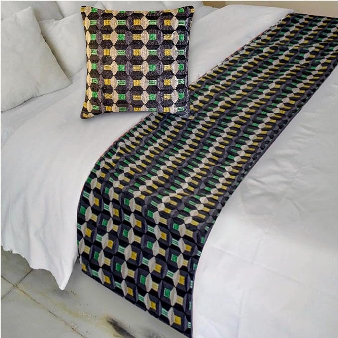 The HomeCentric Green Bed Runner for King/Queen/Twin Velvet Decorative Bed Scarf 53"x18" Bed Runner Without Pillow Cover, Geometric Bed Scarf Bedroom Décor Accent - Green Patterns