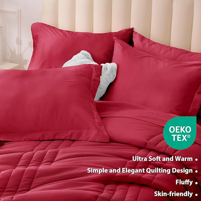 King Comforter Set Red - Bed in a Bag King Size 7 Pieces, Soft Bedding Set for All Seasons, Christmas Premium King Comforter Set with Comforter, Sheets, Pillowcases & Shams