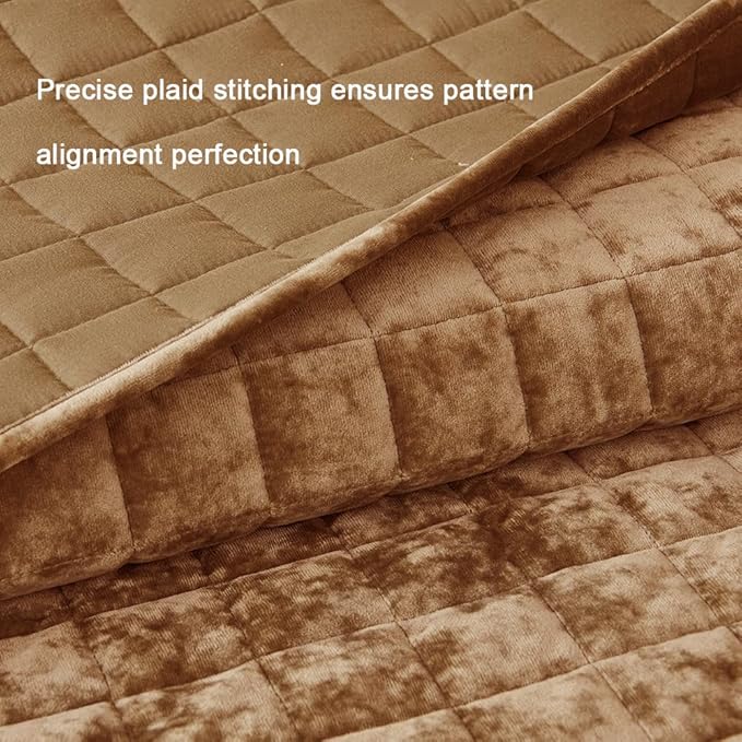 Luxurious Velvet Quilt King Size Set 98" x106" Ultra Soft Bedding Set Quilted Bedspread Coverlet with 2 Matching Pillow Shams for All Seasons,Caramel