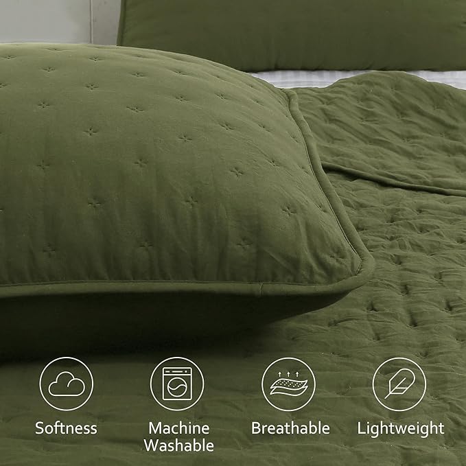 ROARINGWILD Olive Green Cloud Queen Size Quilt Bedding Sets with Pillow Shams, Farmhouse Lightweight Soft Bedspread Coverlet, All Season Rustic Country Thin Comforter, 3 Pieces, 90x90 inches