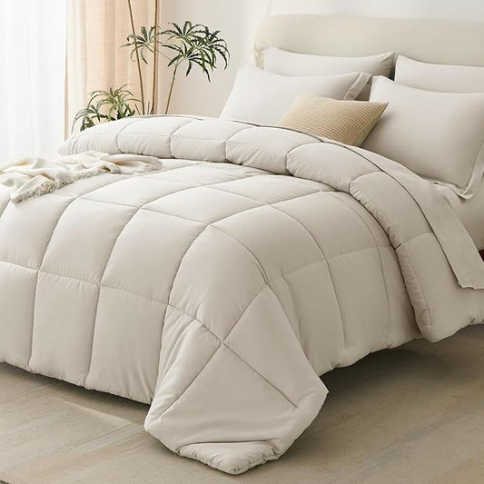 CozyLux Full Size Comforter Sets Beige - 7 Pieces Bed in a Bag Full, Oeko-Tex Certified Bed Set, All Season Soft Bedding Set with Down Alternative Comforter, Sheets, Pillowcases & Pillow Shams