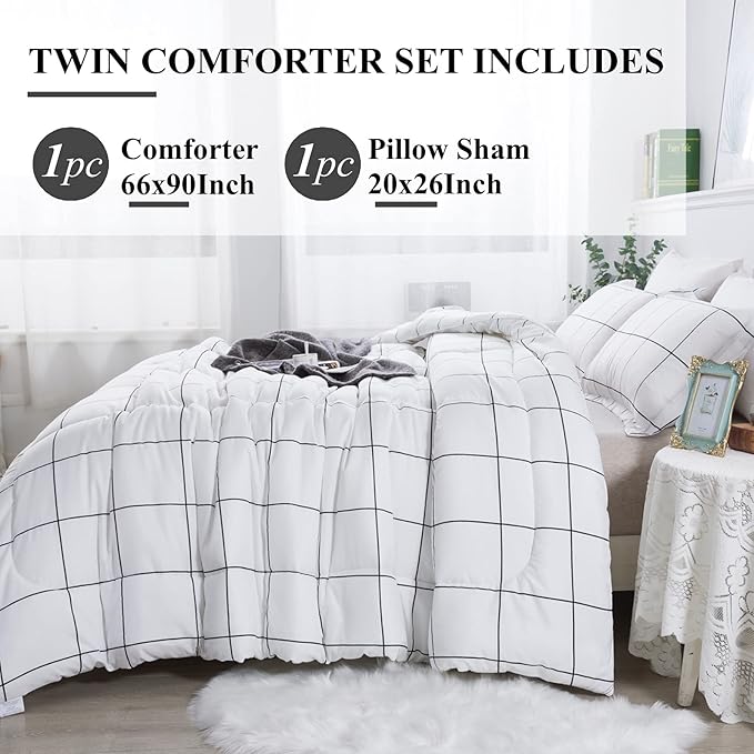 Andency White Grid Comforter Set Twin/Twin XL(66x90Inch), 2 Pieces (1 Plaid Comforter and 1 Pillowcase) White Plaid Comforter Set, Lightweight Microfiber Gingham Geometric Comforter Bedding Set
