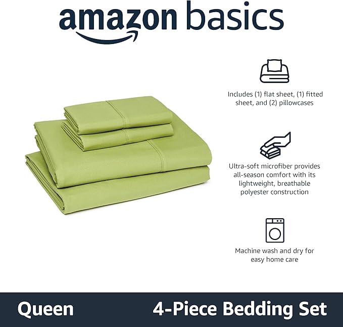 Amazon Basics Lightweight Super Soft Breathable Microfiber 4-Piece Bed Sheet Set, Queen, Oliver Light, Solid