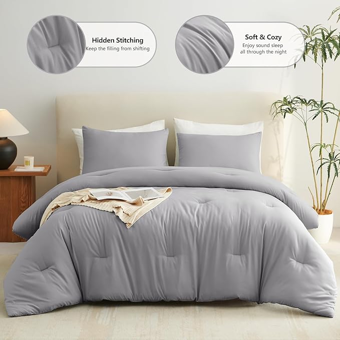 CozyLux Queen Comforter Set Grey, 3 Pieces Solid Gray Queen Comforter Breathable Quilted Bedding Sets, Luxury Soft Bed Set with Down Alternative Comforter for All Season (1 Comforter & 2 Pillowcases)