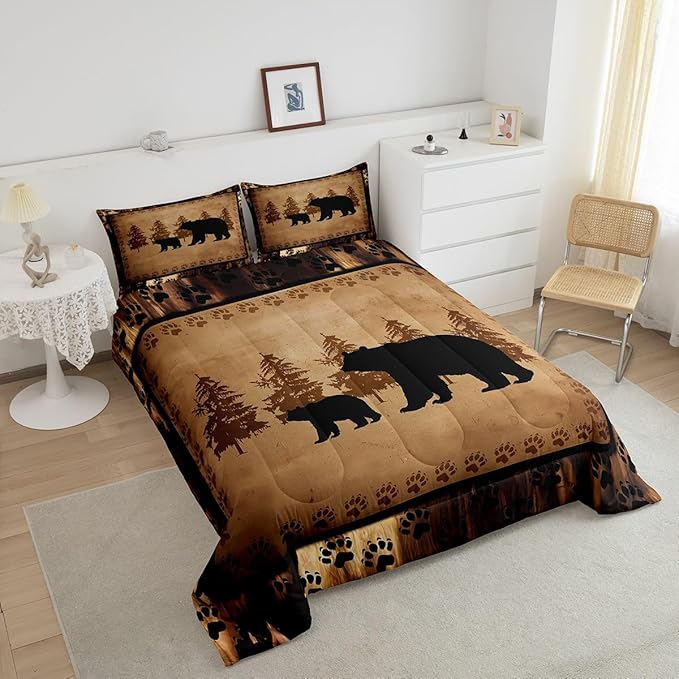Feelyou Bear Comforter Set Toddler Size Farmhouse Wild Animal Comforter Retro Bear Family Bedding Set for Kids Boys Girls Brown Bear Paws Duvet Set Rustic Bedroom Decor Quilted Set 2Pcs