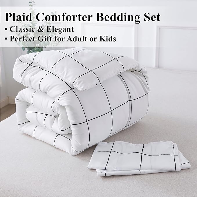 Andency White Grid Comforter Set Full(79x90Inch), 3 Pieces (1 Plaid Comforter and 2 Pillowcases) White Plaid Comforter Set, Lightweight Microfiber Gingham Geometric Comforter Bedding Set