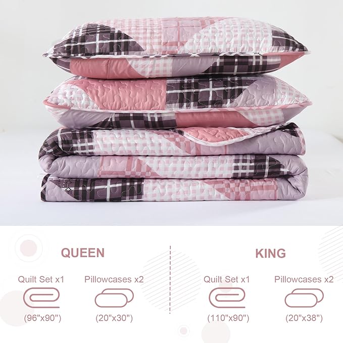 Annibedding Pink Quilt Queen Size, 3 Pieces Patchwork Bedspread Geometric Bedding Set for All Season, Soft Lightweight Reversible Plaid Bedspread with Wave Quilting (Queen, 96''x90'')