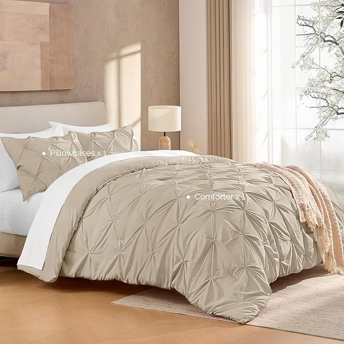 Andency Khaki Pinch Pleat Comforter Twin(66x90Inch), 2 Pieces(1 Pintuck Comforter, 1 Pillowcase) Pintuck Comforter Set, Microfiber All Season Down Alternative Comforter Bedding Set