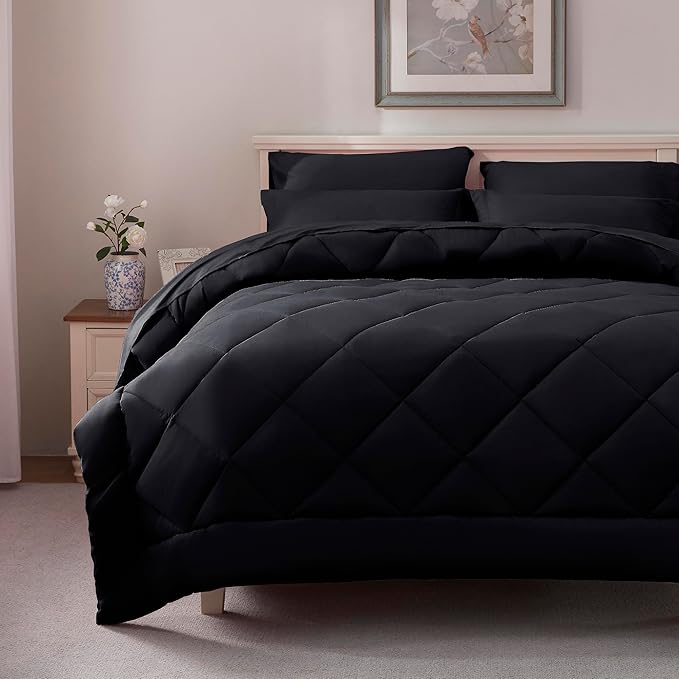 ELNIDO QUEEN® Full Comforter Set Black - 7 Pieces Bed in a Bag Full Size, Bed Set for All Seasons, Ultra Soft Bedding Sets with Comforter, Flat Sheet, Fitted Sheet, Pillowcases and Pillow Shams