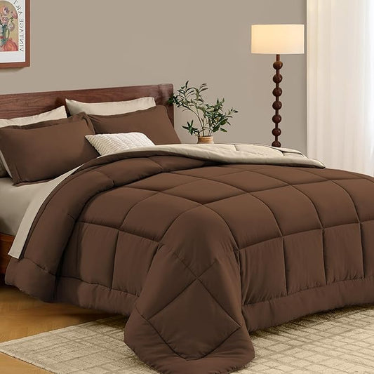 FUANNA Full Size Comforter Sets 7 Pieces, Reversible Bed in a Bag with All Season Comforter, Bedding Sets Includes Comforter, Flat Sheet, Fitted Sheet, Pillowcases & Shams, Dark Brown & Oatmeal