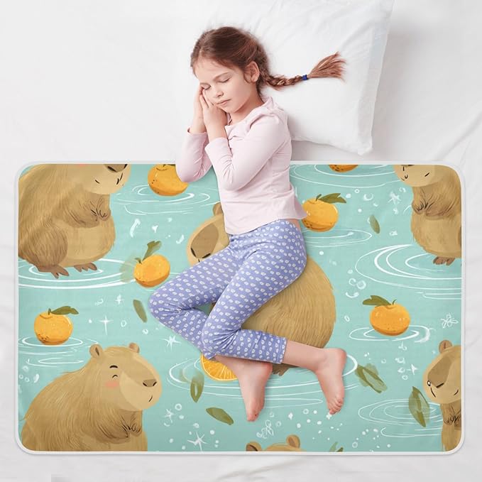 Waterproof Bed Pad Reusable Changing Pad Toddler Mattress Protector Large Pee Pad Baby Diaper Pad Soft Washable Liner Light Blue Capybaras Orange and Water Ripples