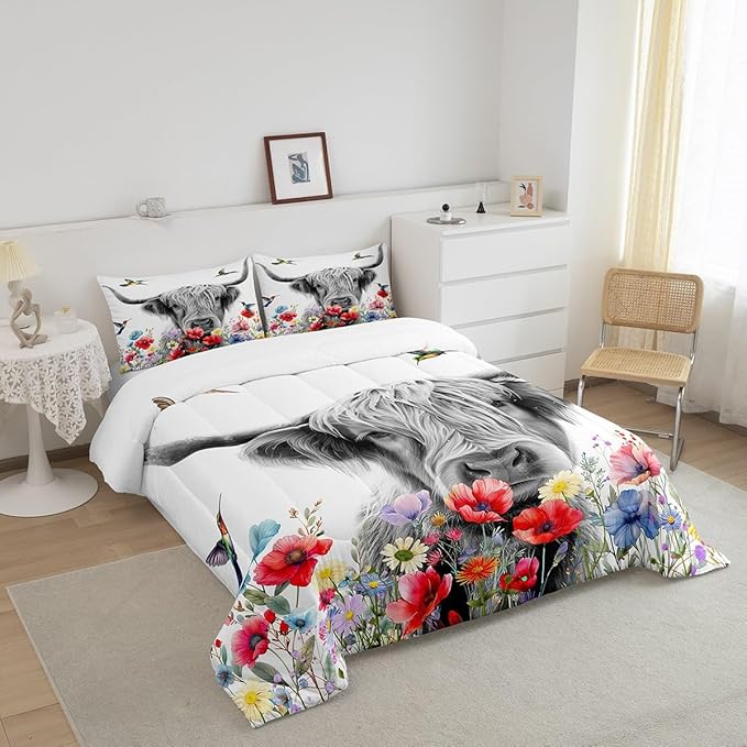 Highland Cow Comforter Set King, Red Poppy Floral Bedding Set for Teens Boys Girls Adult, Hummingbird Western Funny Animals Quilt Set Cattle Bull Cattle Wild Animals Farmhouse Down Comforter