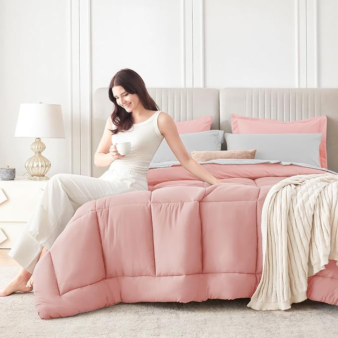 Sasttie California King Comforter Set, 7 Pieces Reversible Cal King Bed in a Bag, Complete Bedding Set Includes Comforter, Flat Sheet, Fitted Sheet, Pillowcases and Pillow Shams, Pink & Light Grey