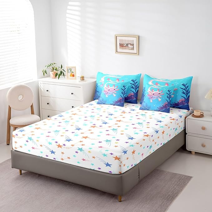 Feelyou Kids Cute Axolotl Bed in A Bag King Size, Cartoon Salamander Comforter Set with Sheets Ocean Sealife 7 Pieces Bedding Set Boys Girls Kawaii Animal Teens Bed Set Bedroom Decor 7Pcs