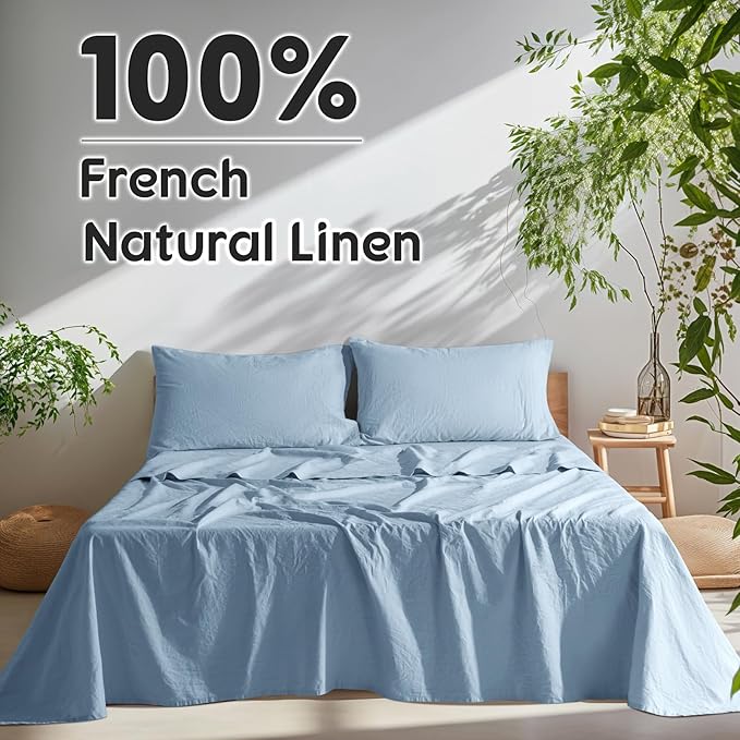 SONORO KATE 100% French Pure Linen Sheets, Breathable and Durable, 16 Inch Deep Pocket - 4 Piece (Dusty Blue, California King)