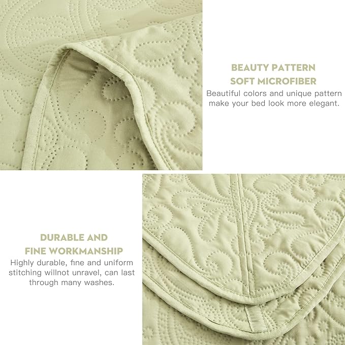 Oversized King Bedspread, Ultrasonic Lightweight Bedding Cover, Paisley Pattern, Reversible, 5 Piece, 100% Microfiber, Sage Green