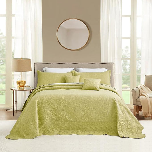 Oversized King Bedspread, Ultrasonic Lightweight Bedding Cover, Paisley Pattern, Reversible, 5 Piece, 100% Microfiber, Leek Green