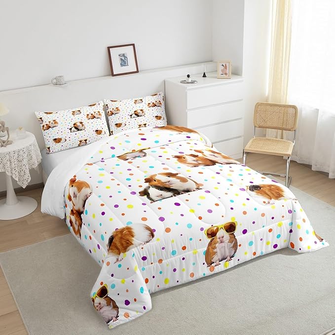 Feelyou Guinea Pig Bedding Set for Girls Boys Children Cute Cavy Pattern Comforter Decorative Cartoon Lovely Pet Animal Comforter Set Toddler Size Colorful Polka Dots Duvet Set 2Pcs Sets