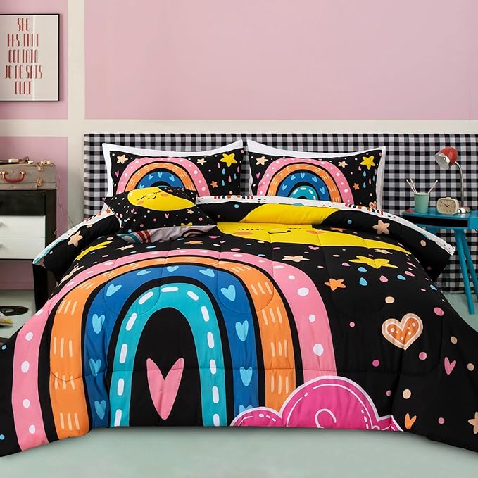 A Nice Night Bedding 6 Pcs Cartoon Rainbow Bedding Set with Smile Moon Printed for Boys Girls Bed Comforter Sets (Black, Full)