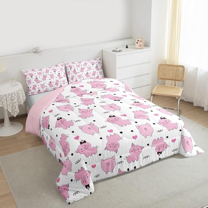 Erosebridal Pink Pig Comforter Set for Girls Kawaii Room Decor King,Cute Pigs Bedding Set for Kids Boys Children Farm Animal Quilted Duvet Sets Cartoom Style Soft Lightweight Down Comforter 3 Pcs