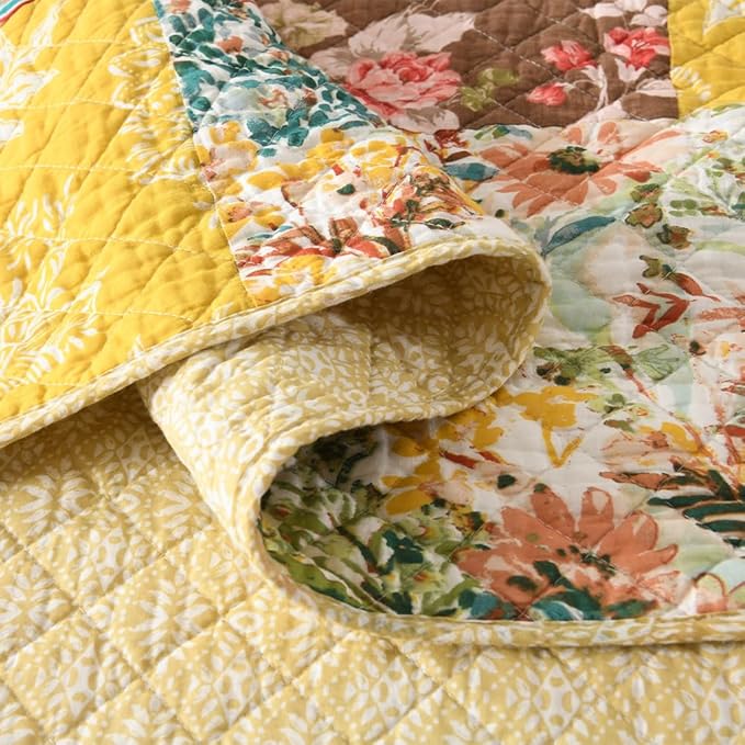 Autumn Dream Cotton Bedspread Quilt Sets Reversible Bedding Coverlet Sets, Luxury Vintage Floral Patchwork Yellow Bedspread, King Size | Breathable material, Reversible, Handmade patchwork, soft durable, Jacquard stitching