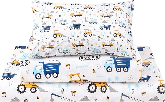 Kids Sheet Set Twin Size 3 Pcs, Boys Sheet Set with Blue Excavator Car Pattern，Kids Boys Twin Fitted Sheet，Breathable & Silky Soft Microfiber Fitted Sheet
