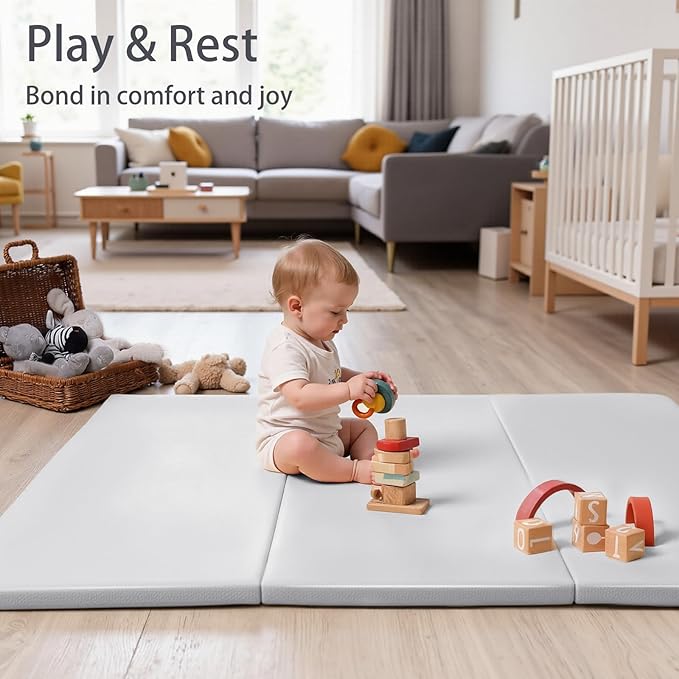 Foam Baby Play Mat: PU Leather Waterproof Kids Playmat - Trifold Floor Mat - Large Play Mat for Playpen Thick Pad Fodable Mattress Soft Toddler Mattress Infant Cushion for Preschool (Grey)