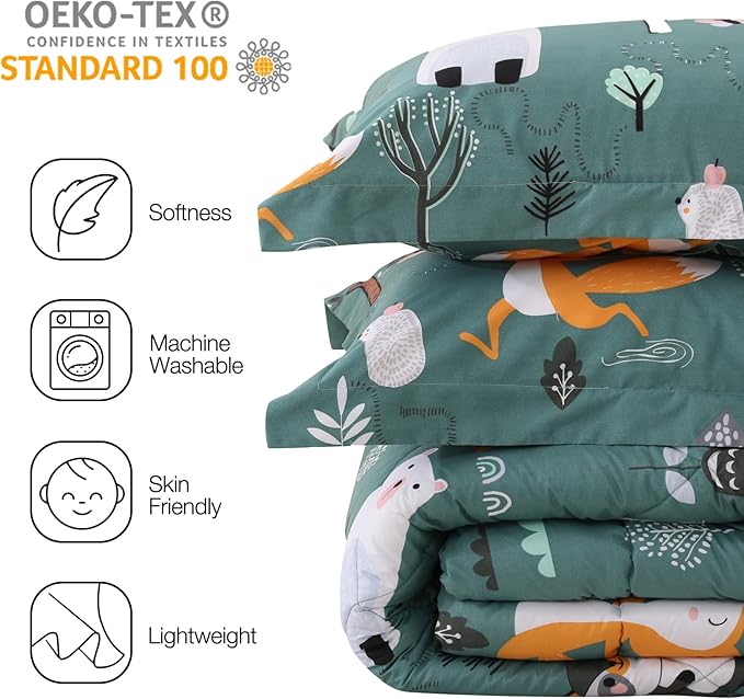 JSD Green Forest Animals Kids Comforter Set Full Size, 3 Piece Woodland Printed Microfiber Bedding Set, Machine Washable