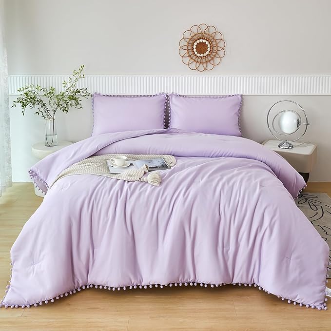 PERFEMET 5 Pcs Lavender Pom Pom Comforter Queen Size Boho Luxury Light Purple Bedding Sets for Girls Soft Cozy Solid Bed in A Bag for Women Adults(Lavender, Queen)