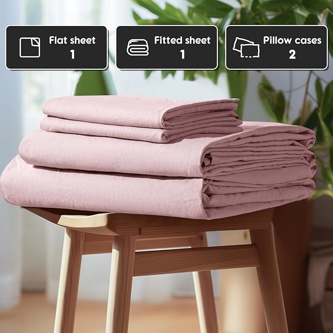 SONORO KATE 100% French Pure Linen Sheets, Breathable and Durable, Anti-Tear, Machine Washable, 16 Inch Deep Pocket - 4 Piece (Embroidery Purple, California King)