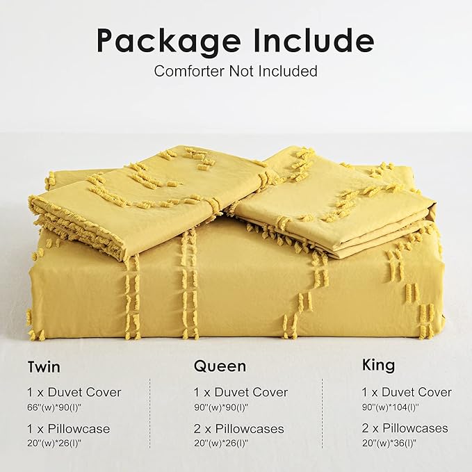 WARMDERN Boho Duvet Cover Set, Tufted Bedding Duvet Covers Soft Washed Microfiber Duvet Cover King Size, 3 Pieces Embroidery Shabby Chic Duvet Cover with Zipper Closure(Yellow, King)