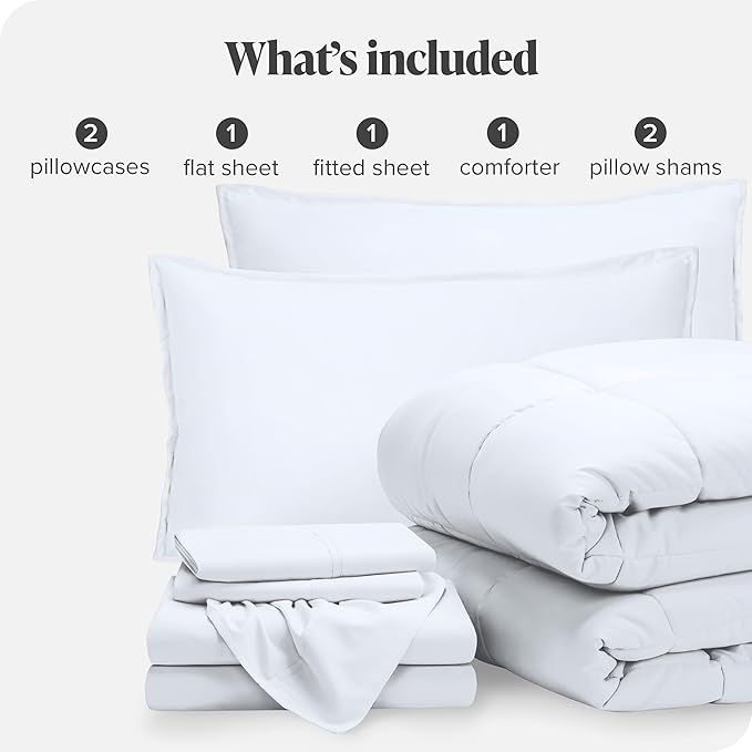 Bare Home Bed-in-A-Bag 7 Piece Comforter & Sheet Set - Queen - Goose Down Alternative - Ultra-Soft 1800 Premium - Bedding Set (Queen, White/White)