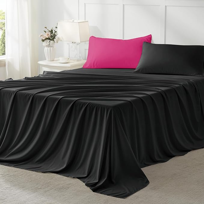 Anluoer Full Comforter Set,Hot Pink&Black Bed in a Bag 7 Piece,Lightweight Bedding Set with Soft Down Alternative Fill,Bed Set Includes Comforter, Fitted Sheet, Flat Sheet,Pillowcases and Shams