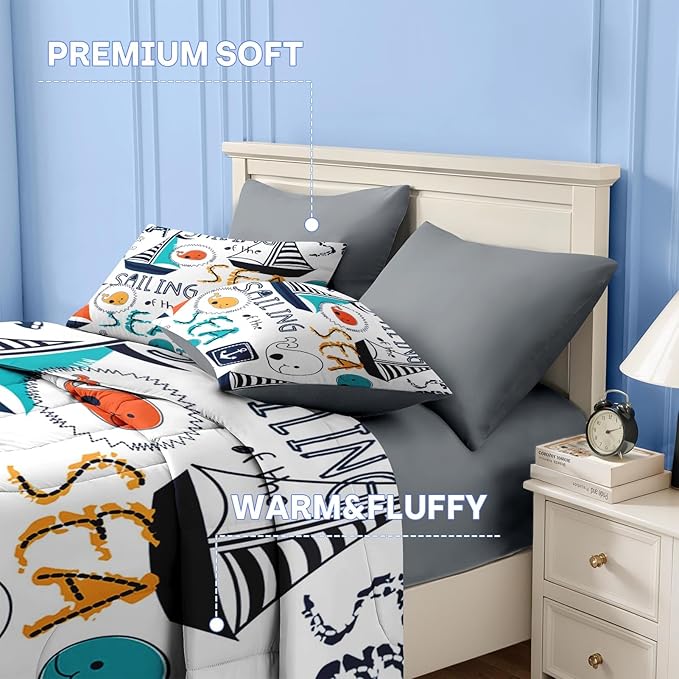Nesker 7 Pcs Comforter Set Queen Size, Cute Nautical Sailboat Boat Bedding for Kids Teen, Sea Whale with Fitted Sheet 2 Pillowcases & 2 Shams for Bedroom Bed Decor