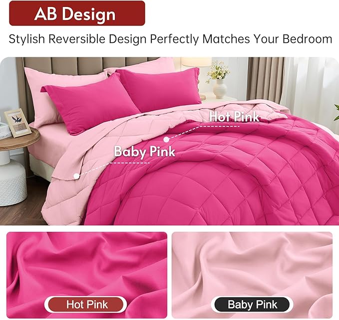 MUXHOMO 7 Pieces Oversized Queen Comforter Set, Reversible Bed in a Bag Oversized Queen Size, All Season Bedding Set with Comforter, Flat Sheet, Fitted Sheet, Pillowcases & Shams, Hot Pink & Baby Pink